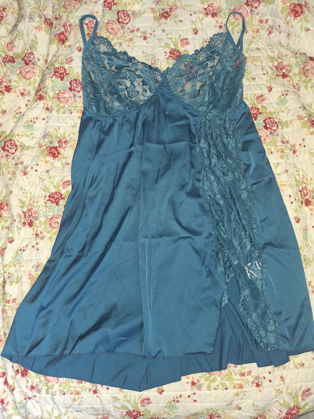 Teal Lace Trim Satin Chemise Slip - Women